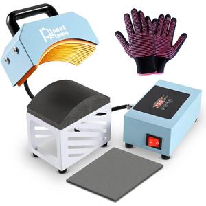 PlanetFlame Hat Press, Mini Hat Press Heat Machine for Caps Hats with 5.4" * 3.1" Curved Teflon Coated Heat Plate & Safety Base for Heat Transfer Vinyl, Sublimation and DIY Projects, Blue White