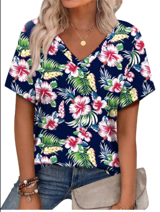 Women's Summer Tops 2025 V Neck Short Sleeve Shirts Trendy Dressy Casual Vacation Outfits Printed, S