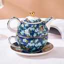 Tea for One Set, Tea Set for One, Porcelain Teapot for One and Cup Set, Floral Teapot, Tea Set for Gift, Women, Butterfly Blue