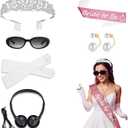Princess Bachelorette Party Accessories Set  6 Pcs Bride Kit with Tiara, Sunglasses, Gloves, Sash, Earrings & Headset  Pink Bridal Shower & Costume Decorations for Women