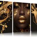 3 Pcs Black Gold Woman Canvas Wall Art African American Black Girl Wall Decor Pictures Abstract Black Gold Female Poster Print Artwork for Living Room Bedroom Scene Home Decoration Prepare To Hang