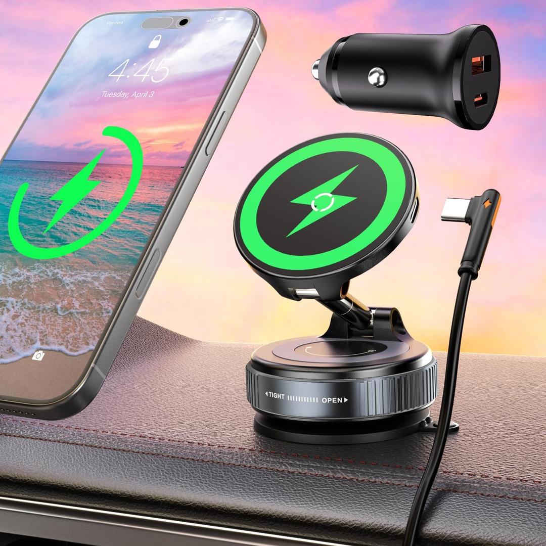 15W for MagSafe Car Mount Charger, Magnetic Wireless Car Phone Holder for iPhone 17 16 15 14 13 12 Pro Max, 360 Adjustable iPhone Charger for Car with USB C Car Charger Adapter