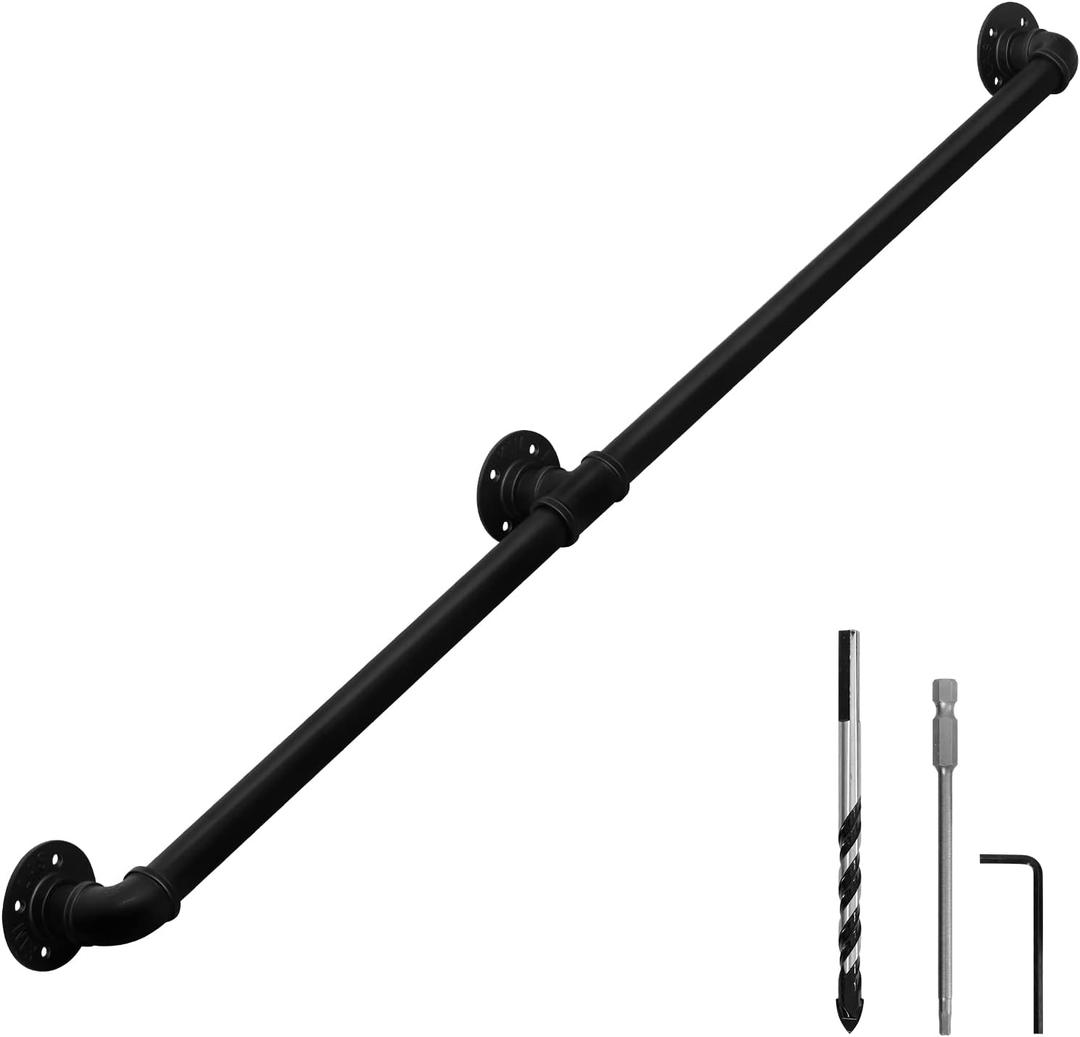 HouseAid 5FT Industrial Pipe Wall Handrail, Farmhouse Stairway Railing with 1-1/4 Inch Diameter Pipe, Vintage Style Stairs Handrail, Wall Mounted, Matte Black