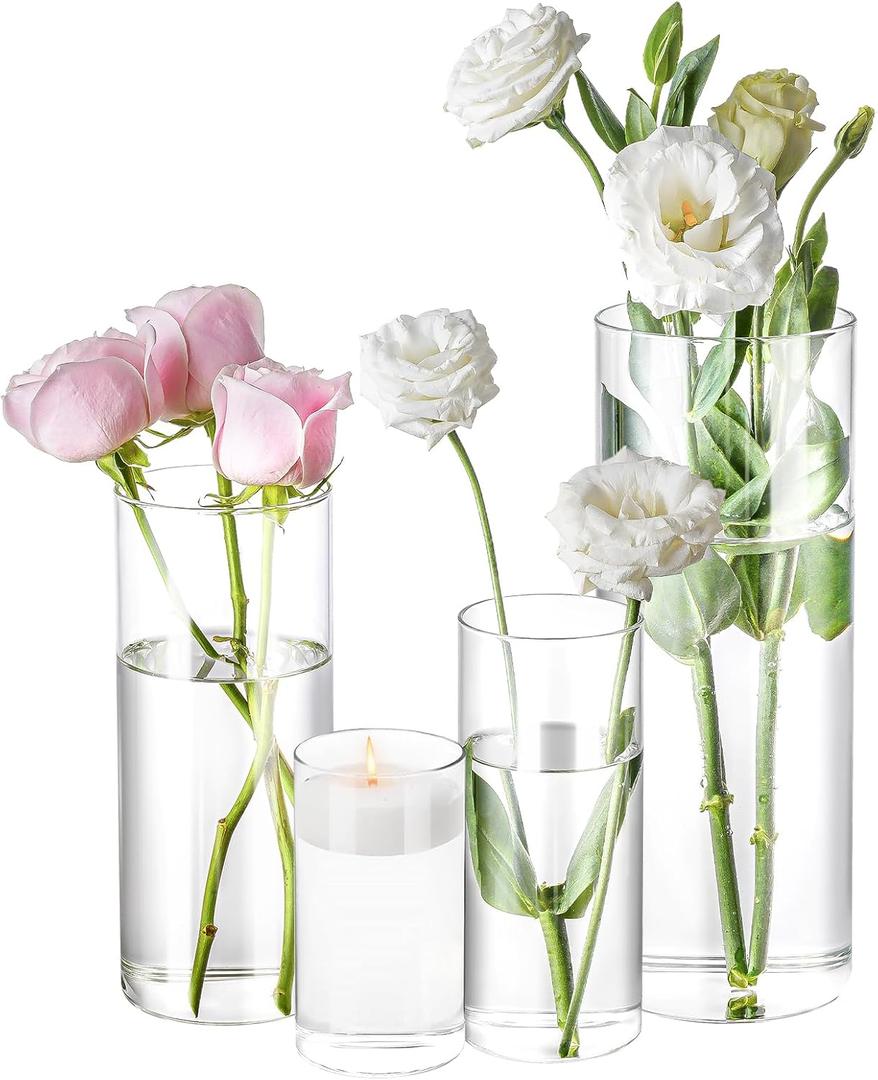 2 Pack Glass Cylinder Vases 4,8, Inch Tall Clear Flower Vase Hurricane Floating Candle Holder for Table Centerpiece Wedding Home Decor