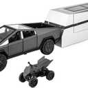 1 24 for Tesla Cyber Truck Pickup Trailer Alloy Car Model Diecast Camper Van Touring Car Model Collectibles Non-Remote App Controlled Toys(Black)