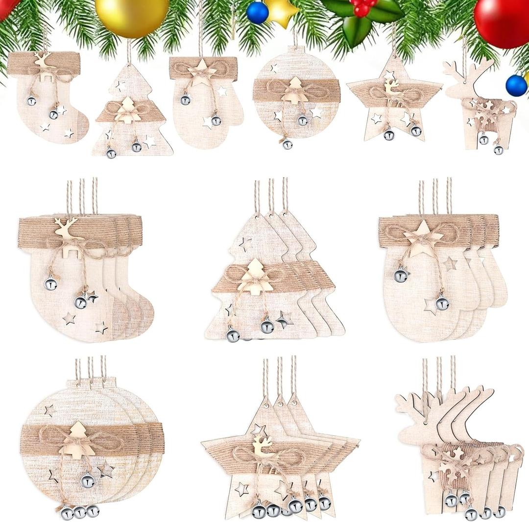 18 Pcs Rustic Christmas Wooden Ornament Set 4'' Farmhouse Elk Glove Star Wood Ornaments Neutral Wooden Xmas Tree Hanging Decorations with Burlap Rope Bell for Xmas Home Decor Winter Party