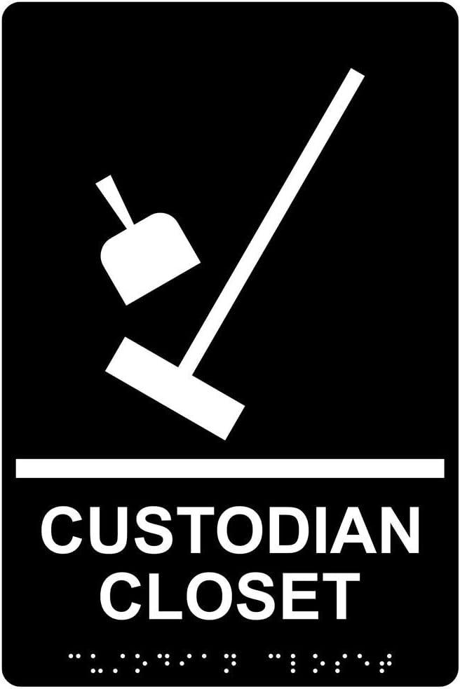ComplianceSigns.com Custodian Closet Sign, ADA-Compliant Braille and Raised Letters, 9x6 in. White on Black Acrylic with Adhesive Mounting Strips