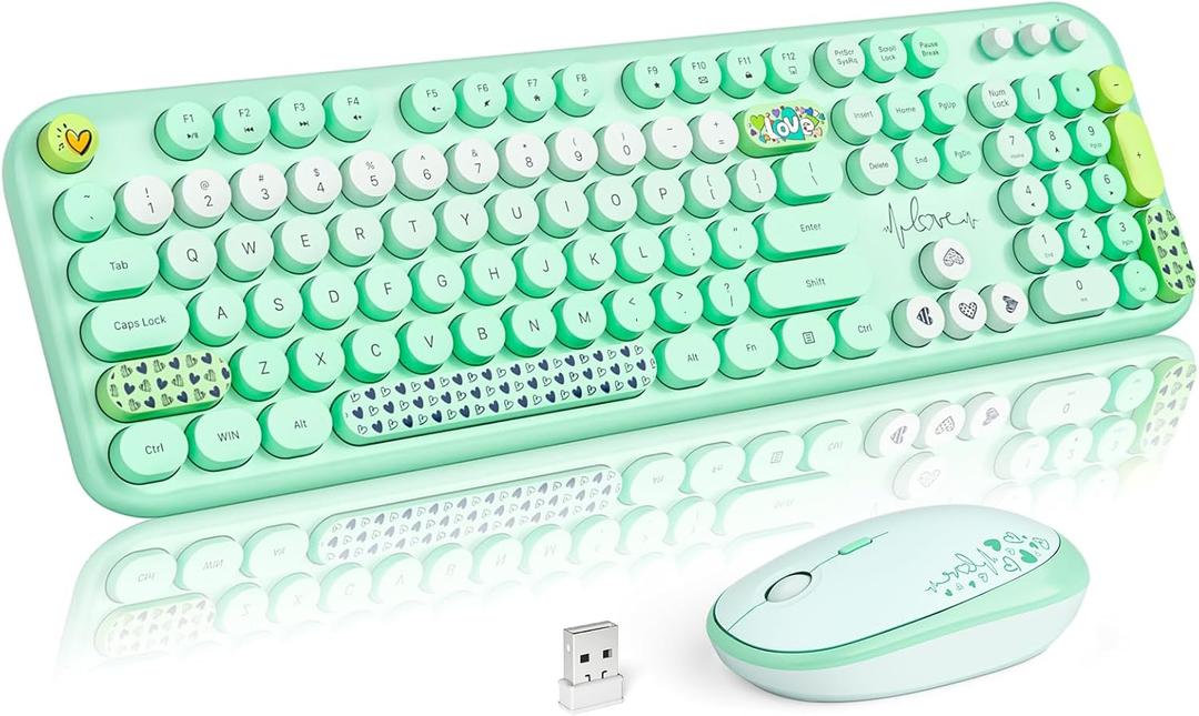MOFII Wireless Keyboard and Mouse Combo, Cute Retro Typewriter Keyboard and Silent Mouse, 2.4GHz Full Size Computer Keyboard Wireless Mouse Set for PC, Laptop, Desktop, Windows (Green Colorful)
