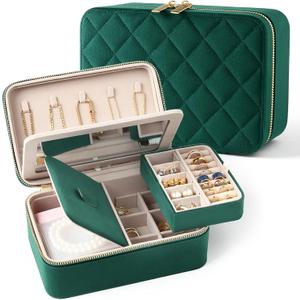 Velvet Travel Jewelry Box with Large Mirror, Double-Layer Jewelry Organizer Case for Women and Girls, Portable Storage Case with 6 Anti-Tarnish Bags Gift Ready for Her (Emerald Green)