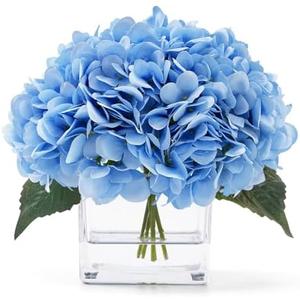 JOJOWOO Blue Hydrangea Flowers in Vase, Silk Flowers in Vase with Faux Water for Home Decor Indoor, Wedding Table (Blue)