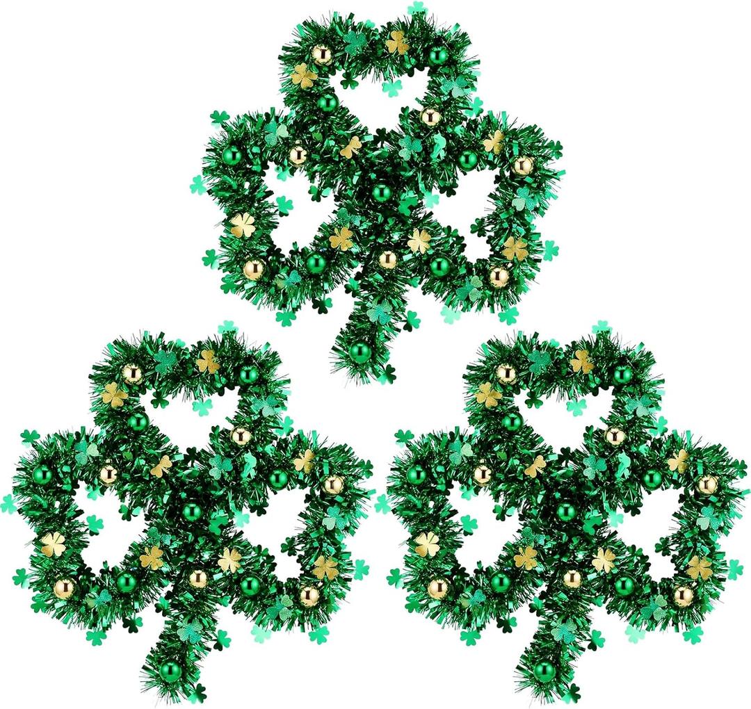 3 Pcs St. Patrick's Day Shamrock Tinsel Wreath 15.4" Large Irish Green Gold Lucky Clover Garland with Decorative Balls Thick Tinsel Hanging Decor for Front Door Outdoor Home Wall Window