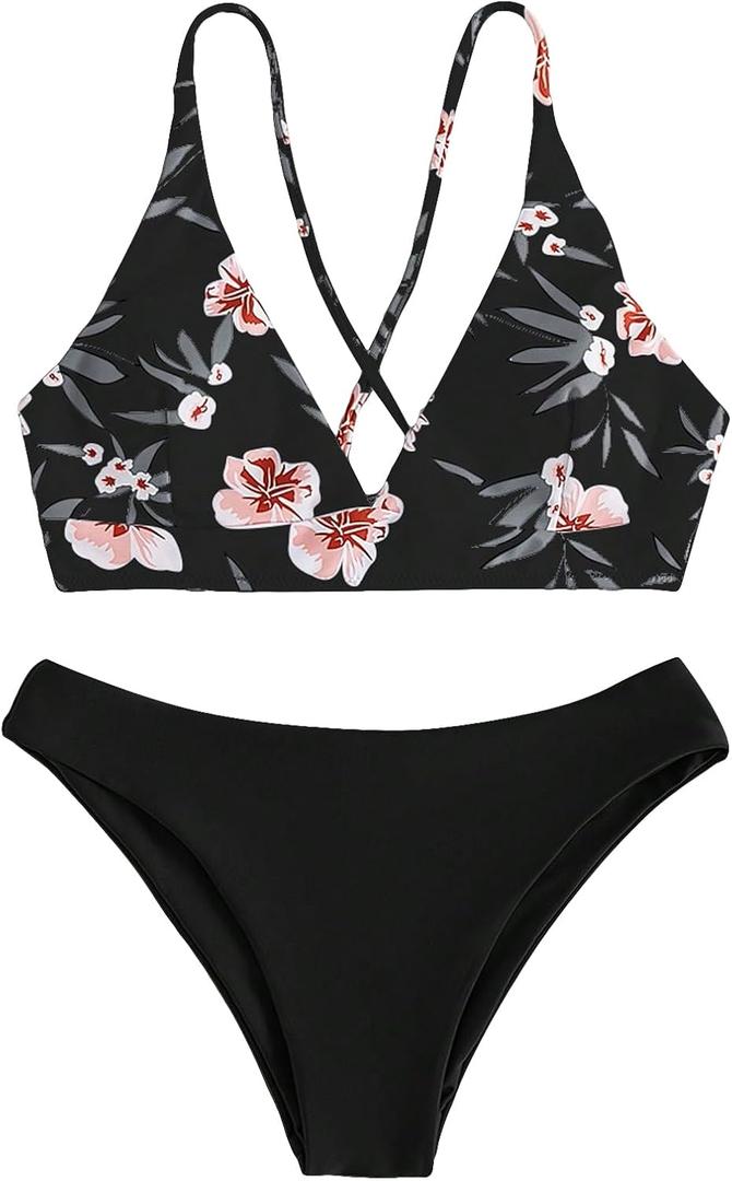 SweatyRocks Women's Sexy Bathing Suit Floral Print Cross Back Bikini Set Swimsuits (Black, M)