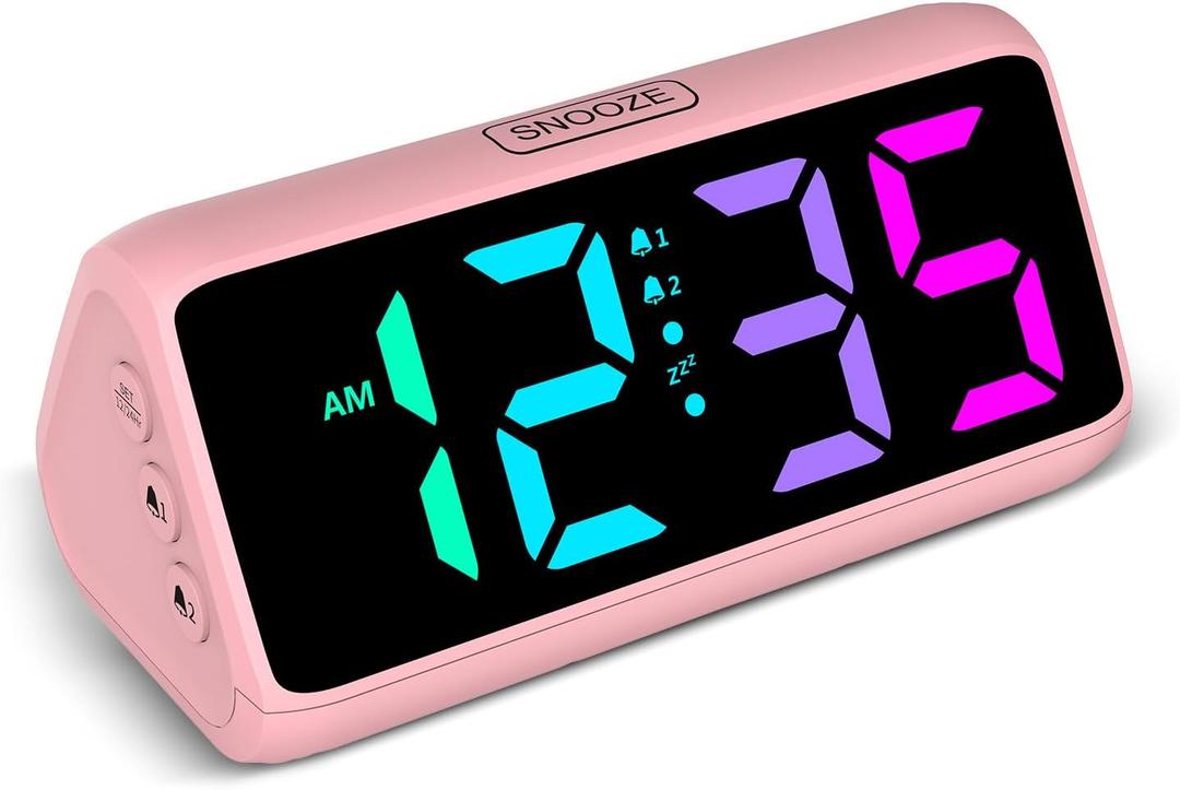 Netzu Loud Alarm Clock for Heavy Sleepers, RGB Alarm Clocks for Bedrooms Seniors Kids, Plug in Digital Clock with 5 Dimmers, 2 Alarms, 4 Volumes and Snooze (Pink)