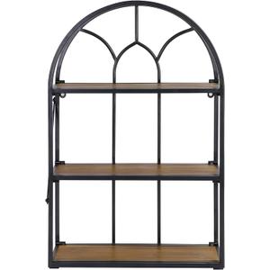 Arched Foldable Metal & Wood Wall Shelf – 3 Tier Freestanding Floating Ledge Shelves Window Design Storage Rack for Home Décor, Single-sided Framed