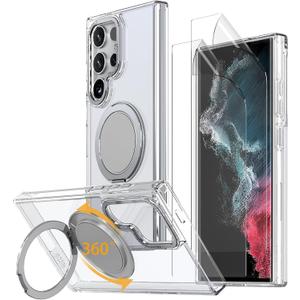 for Samsung Galaxy S22 Ultra/S23 Ultra Case with 360 Magnetic Stand, Compatible with MagSafe, with 2 Screen Protectors, Military-Grade Drop Shockproof Phone Case with Kickstand, Clear
