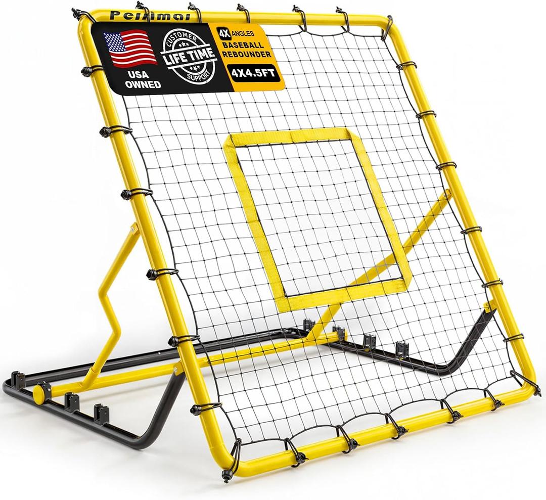 Baseball Rebounder Net,4x4.5FT Multi-Sport Pitch Back Rebounder Steel Frame with 4 Adjustable Angles, 40pcs Bungees Soccer, Volleyball&Lacrosse Trainer for Solo Fielding