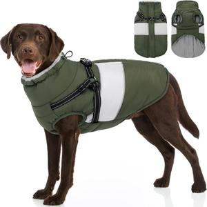 Dog Jacket, Large Dog Coat with Harness Built in, Warm Pet Winter Jacket Zippered Snow Coat with Furry Collar, Waterproof Fleece Snowsuit for French Bulldog, Army Green L