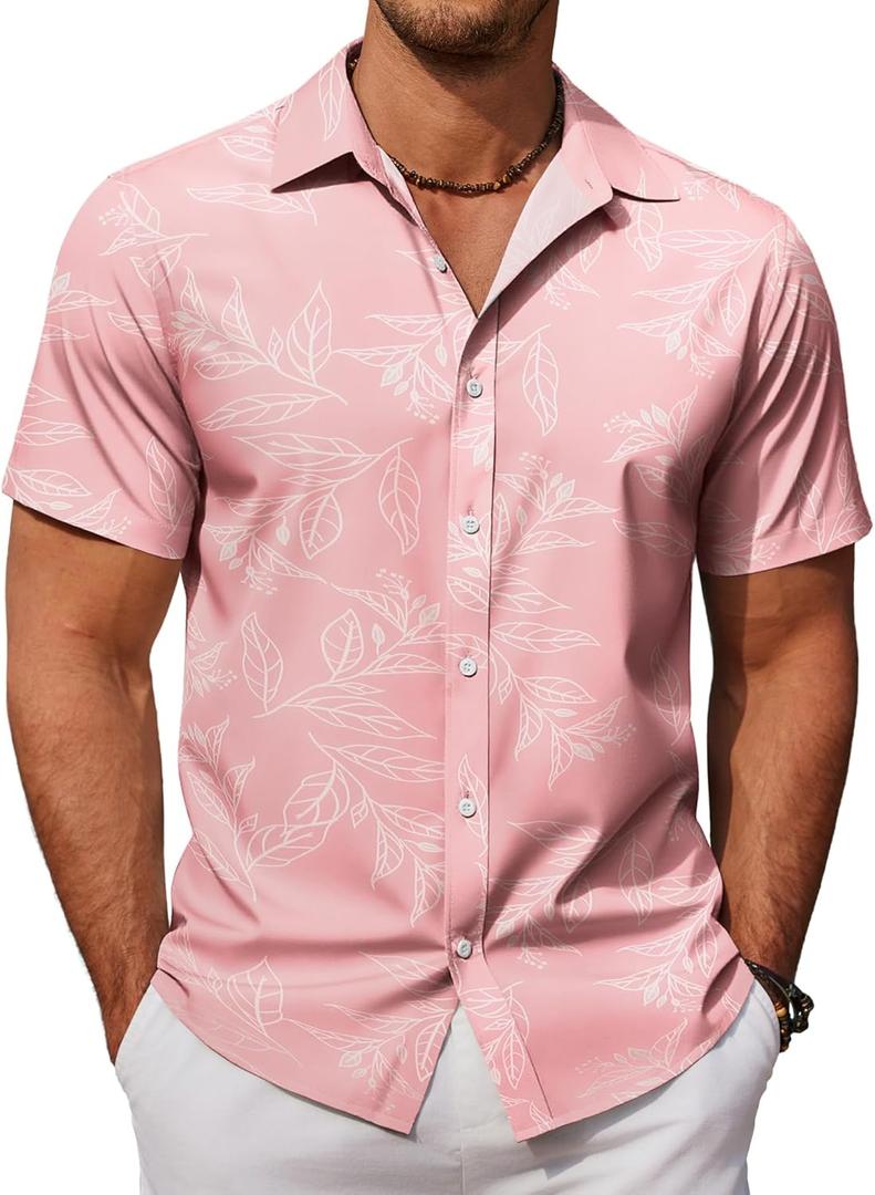 COOFANDY Mens Hawaiian Shirts Short Sleeve Button Down Aloha Shirt Casual Beach Clothes (Pink, M)