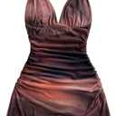 Women's Ruched Mini Dress Retro Vintage Mesh Sleeveless V Neck Fitted Dresses (M)