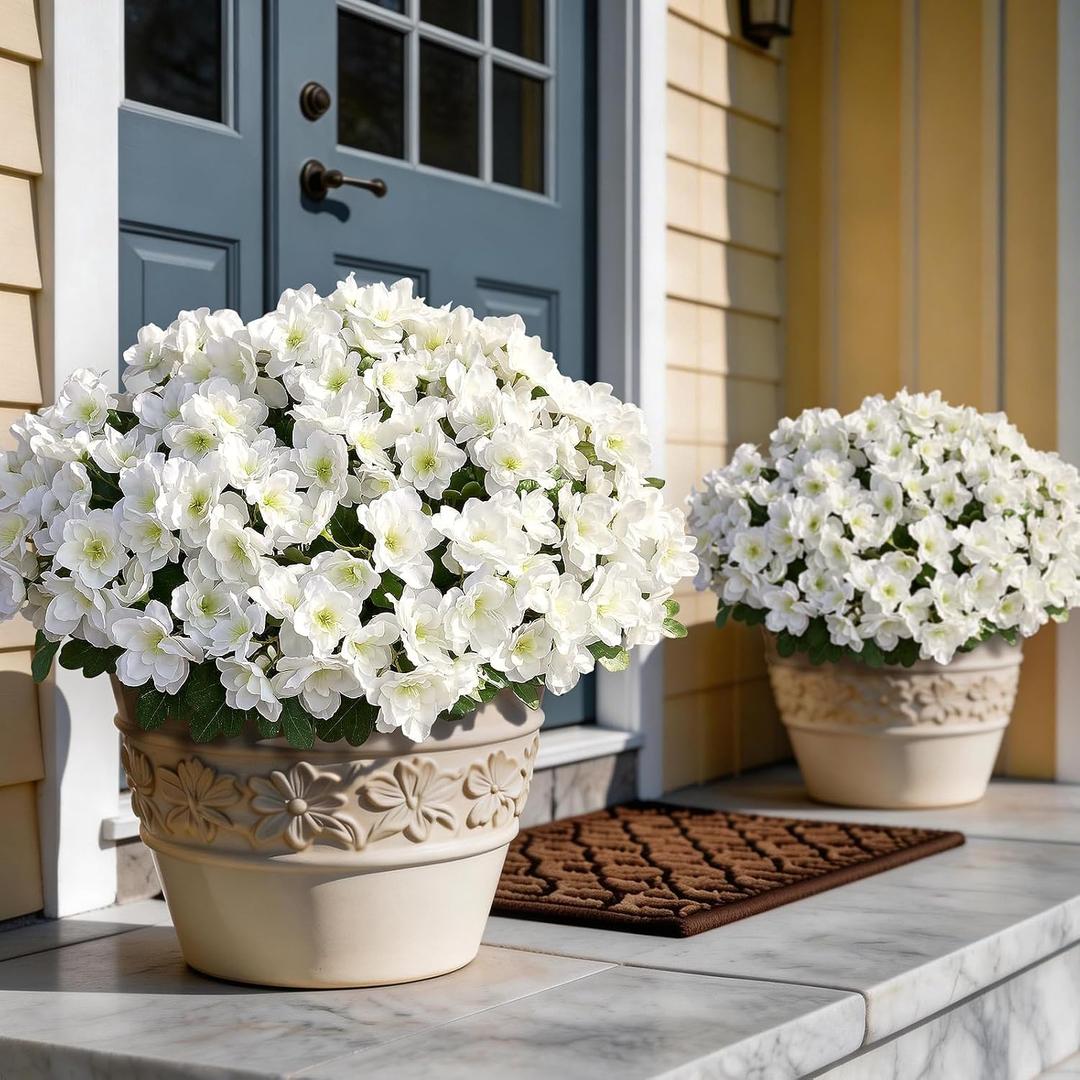 16 Bundles Artificial Flowers for Front Door, Fake Silk Azalea Bouquet Silk Flowers for Outside UV Resistant Realistic Faux Plants for Planter Farmhouse Patio Garden Walkways Home Decor (White)