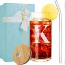 Monogrammed Gifts for Women, Personalized Drinking Glasses Cup 16oz with Lids & Straws- Birthday,Mother's day, Christmas, Special Gifts for Mom, Bestie, Teacher, Sister, Coworker and Bridesmaids (K)