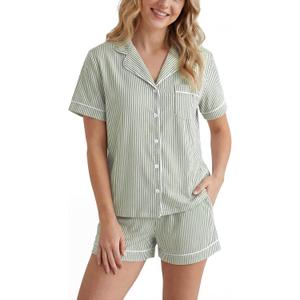 LUBOT 2026 100% Cotton Pajamas for Women PJ Set with Pockets Soft 2 Piece Short Sleeve Button Knit Summer Sleepwear XS-XXL (Green, S)