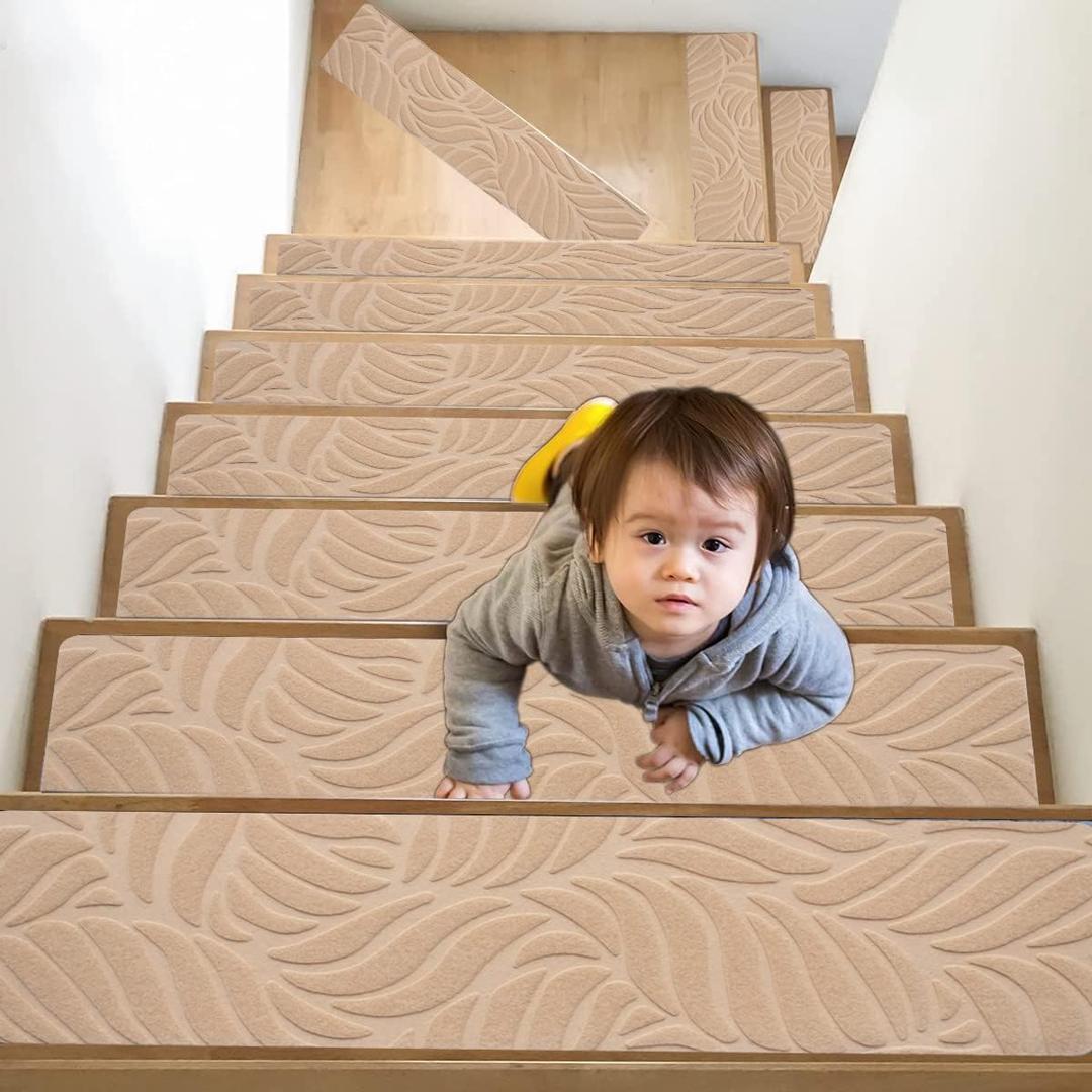 8" x 30" Stair Tread Carpet, 15PCS Non-Slip Stair Treads for Wooden Steps Indoor Staircase Carpets Runners Rugs Safety with Reusable Adhesive for Elders, Kids and Dogs (Leaves Pattern, Camel)