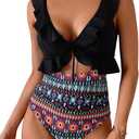 Eomenie One Piece Swimsuit for Women Tummy Control Ruffle Bathing Suit V Neck Ruched Swim Suit Slimming Cutout Swimwear, Black Print, XL