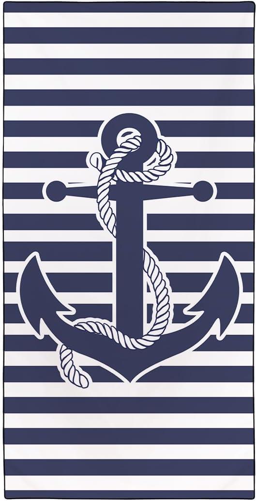 YISUMEI Nautical Anchor Beach Towel, Navy Blue Horizontal Stripes, 36"x72" Microfiber Quick Dry and Sand Free Towel for Travel Swim Pool Yoga Camping