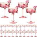 HKSZEH 24 PCS Ribbed Coupe Glasses Pink Plastic Champagne Coupe Cup 10oz Detachable Gold Rim Espresso Martini Glass Vintage Margarita Glassware Cocktail Glass for Wedding Bachelorette Party