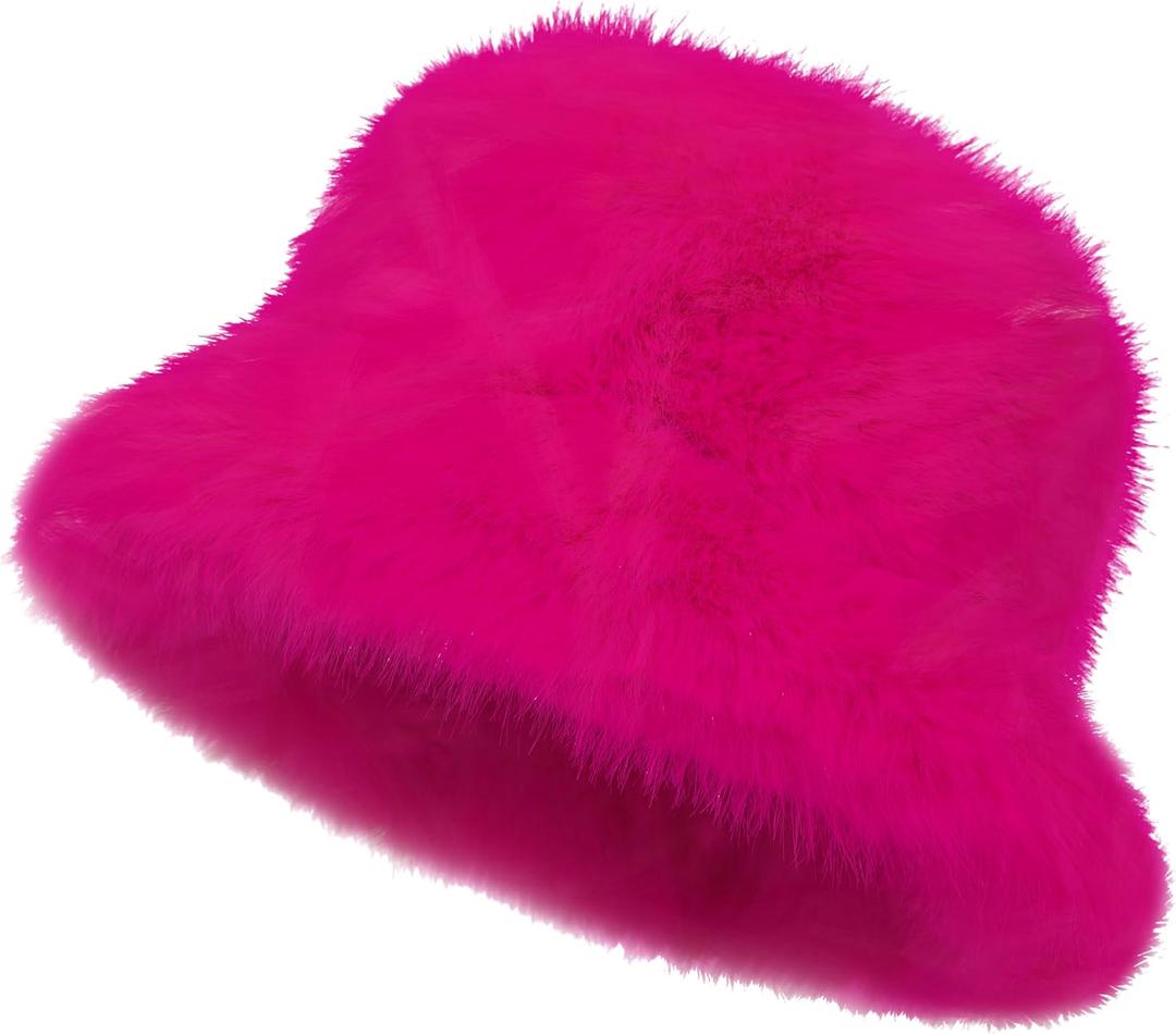 LA CARRIE Women's Fuzzy Wide Brim Faux Fur Bucket Hat Winter Warmer Fisherman Cap (Pink)