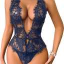 Avidlove Women One Piece Lingerie Lace Bodysuit Deep V Teddy Mini Babydoll (XX-Large, 1-navy Blue)
