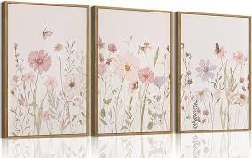 AVECCO Vintage Color Wildflower Canvas 3 Pieces Wall Art, Nature Floral Artwork Wall Decor, Botanical Art Prints for Bedroom Living Room Office Home Decoration Ready to Hang 12x16 Inch Wood Framed