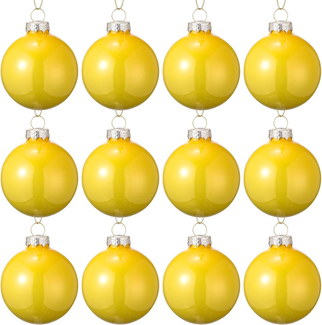 12 Pcs Yellow Glass Christmas Ball Ornaments 2.36" Shatterproof Xmas Christmas Tree Decorations with Hanging Loop and Rope Christmas Decorative Ball for Holiday Hanging Wreath Garland Decorations