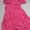 Women's V-Neck Long Summer Puff Short Sleeve Maxi A-Line Slim Waist Pleated Dresses (Medium, Hot Pnnrk)