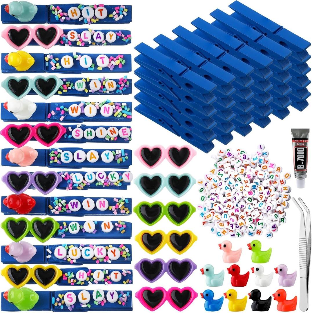 VioraWhite 40 Sets Cheer Pins Spirit Clips Wooden Clothes Pins for Backpacks Mini Resin Ducks 400 Pcs Colored Beads Clothes Pin Decorations for Team Gifts(Multicolor,Fresh)