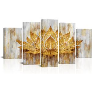 sechars 5 Piece Lotus Flower Wall Art Abstract Golden Floral Painting Canvas Prints Zen Artwork for Home Office Living Room Gold Decor Gallery Wrapp Ready to Hang (Large)