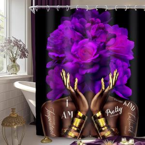 SVBright African American Shower Curtain 60Wx72L Inch Purple Black Girl Women Flower Peony Floral Modern Gold Quotes Girly Words 12 Pack Hooks Polyester Waterproof Fabric Bathroom Bathtub Panels