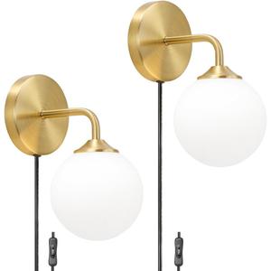 Gold Plug in Wall Sconce Set of 2, Wall Light Fixture with Plug in Cord On/Off Switch, Mid Century Art Deco Wall Lighting Fixture with Milky White Globe Glass Lampshade for Bedroom Living Room Hallway