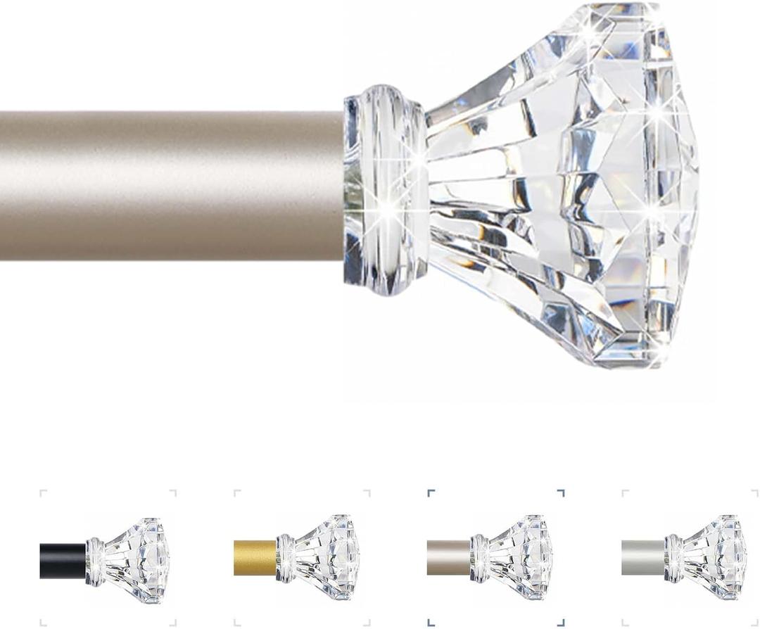 TVWOO Champagne Gold Decorative Crystal Curtain Rods 66 to 120 Inch:Heavy Duty Adjustable Window Curtains Rods for Living Room Bedroom,Modern Girly Acrylic Drapery Rod with Clear Bling Diamond Finial