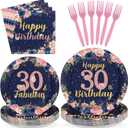 96Pcs 30th Birthday Party Decorations for Womens Navy Blue Rose Gold Floral 30th Birthday Plates and Napkins Sets for Women Girls Back in 1995 Cheers to 30 Years Old Party Supplies Serves 24