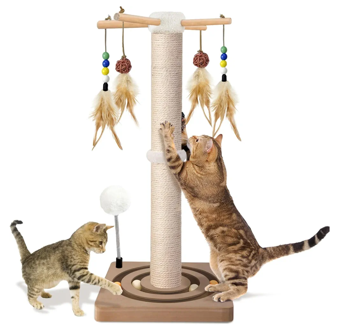 Cat Scratching Post, Sisal, Interactive Furniture Toys for Indoor Cats Adults, 2 Mounting Methods Scratcher Tree Tower with Hanging and Ball Track, Activity Center for Kitten, 25 inches