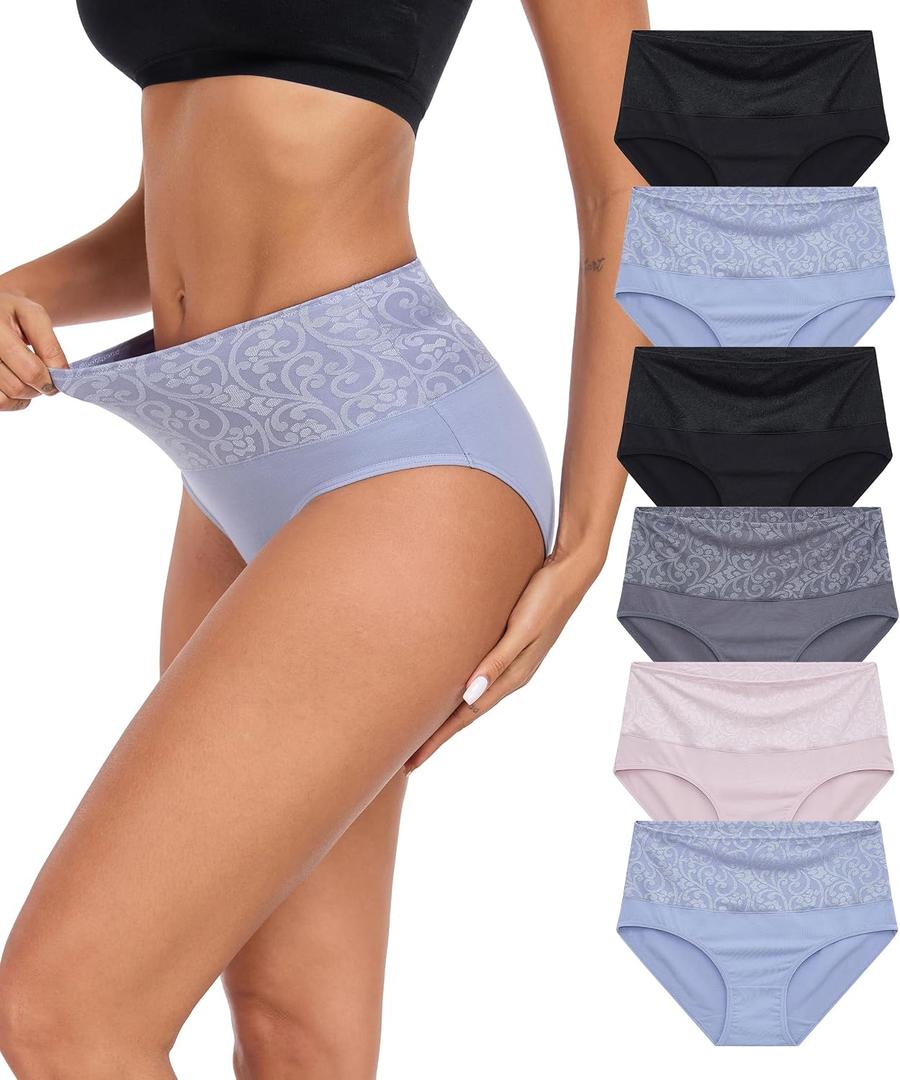 ANLIQI Womens Briefs Cotton Underwear High Waisted Tummy Control Hipster Panties Pack Full Coverage Soft Breathable Undies, XL