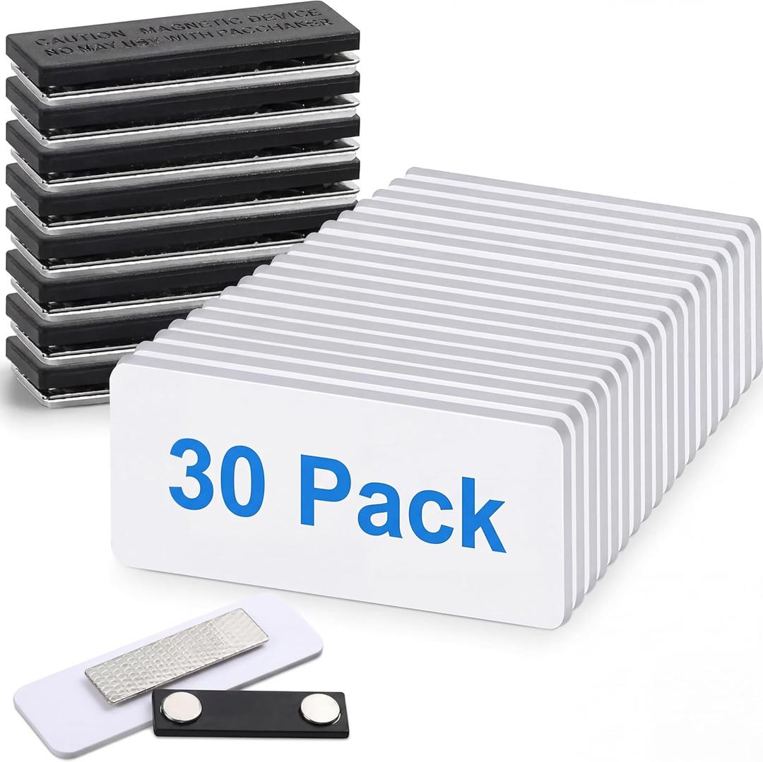 Chinco 30 Packs Magnetic Name Tags with Magnetic Backing Blank Name Tags Locker White Round Corners, 1.5 x 3 Inches Reusable ID Badges for Personalized Jacket Shirts Office School Stores Teams (Black)