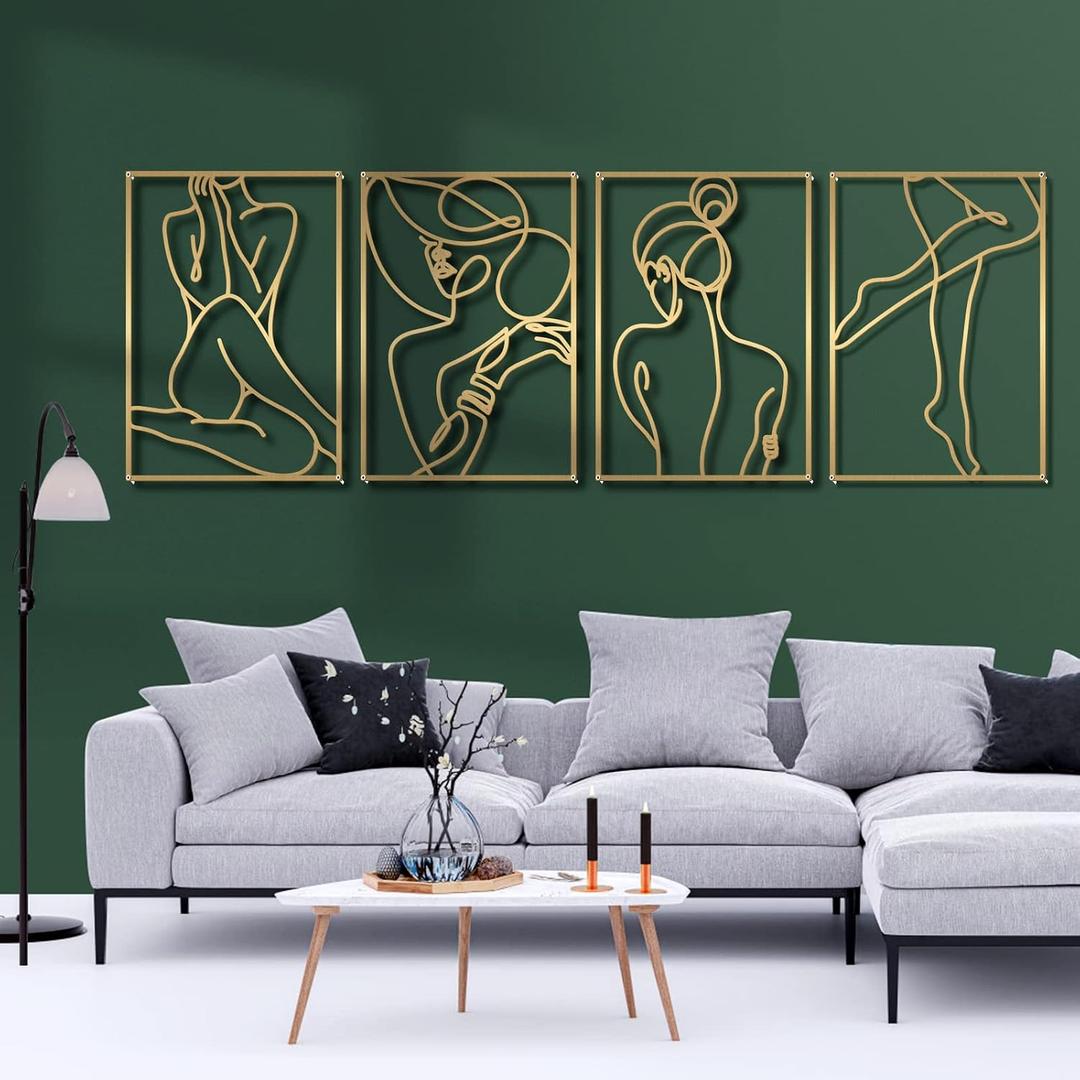 Glamativity Large 4 Pack Gold Wall Art, Minimalist Single Line Art, Real Metal Wall Art, Woman's Body Shape Abstract Art (Gold Elegant Style, L Size 22.5 x 15.7'')