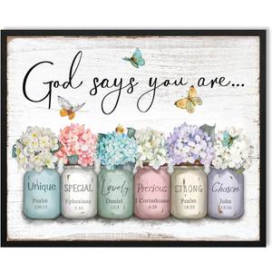 God Says You Are Wall Art: Inspirational Quotes Christian Wall Art Bible Verses Wall Decor Religious Gifts for Women Girls,Hydrangea Flower in Mason Jar Picture Poster Bedroom Decor 16"x20"