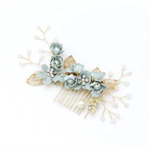 Bride Wedding Hair Comb Pearl Flower Hair Piece Rhinestone Bridal Hair Accessories for Women (Gray Blue)