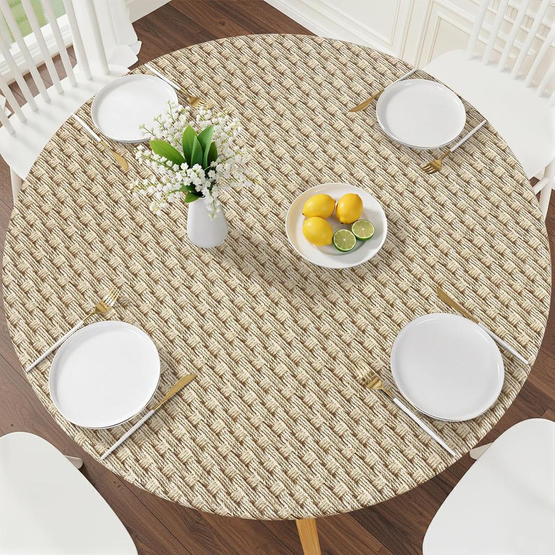 Smiry Round Picnic Tablecloth, Wipeable Flannel Backed Vinyl Tablecloths for 45" - 56" Tables, Waterproof Elastic Fitted Table Covers for Camping, Indoor, Outdoor, Khaki