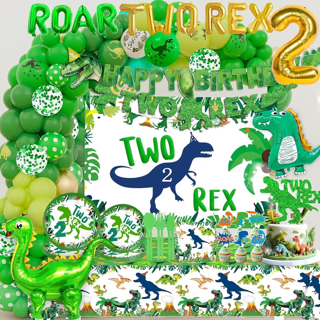 Dinosaur 2nd Party Decorations,2nd Birthday Decorations For Boys,Two Rex 2nd Birthday Party Dinosaur Decorations include Dino Balloon Arch Backdrop Cake Topper Plates Napkins and Cups