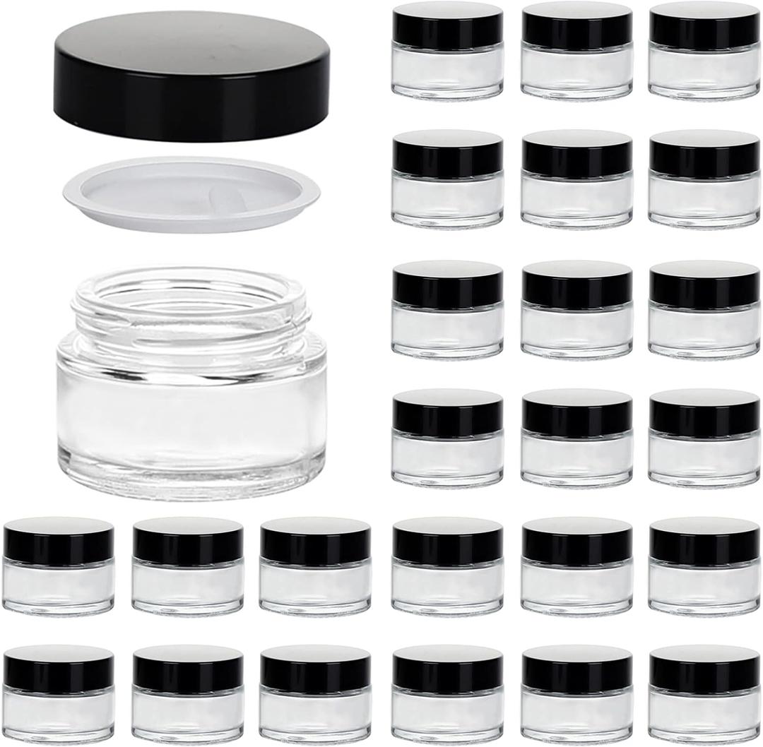1oz Glass Jar with Lid, Hoa Kinh 25Pack Clear Round Containers Cosmetic Glass Jars with Inner Liners and Black Lids Travel Jars for Storing Lip and Body Scrub, Lotion, Body Butter, Bath Salts, Liquid